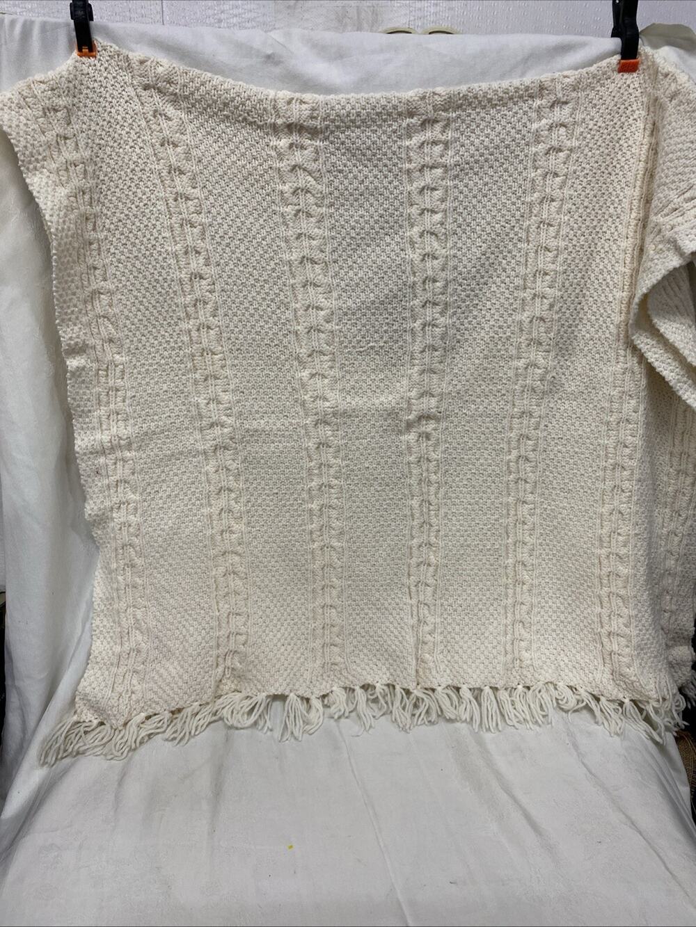 Handmade Crochet Afghan Ivory With Fringe Edges 42”X 42”